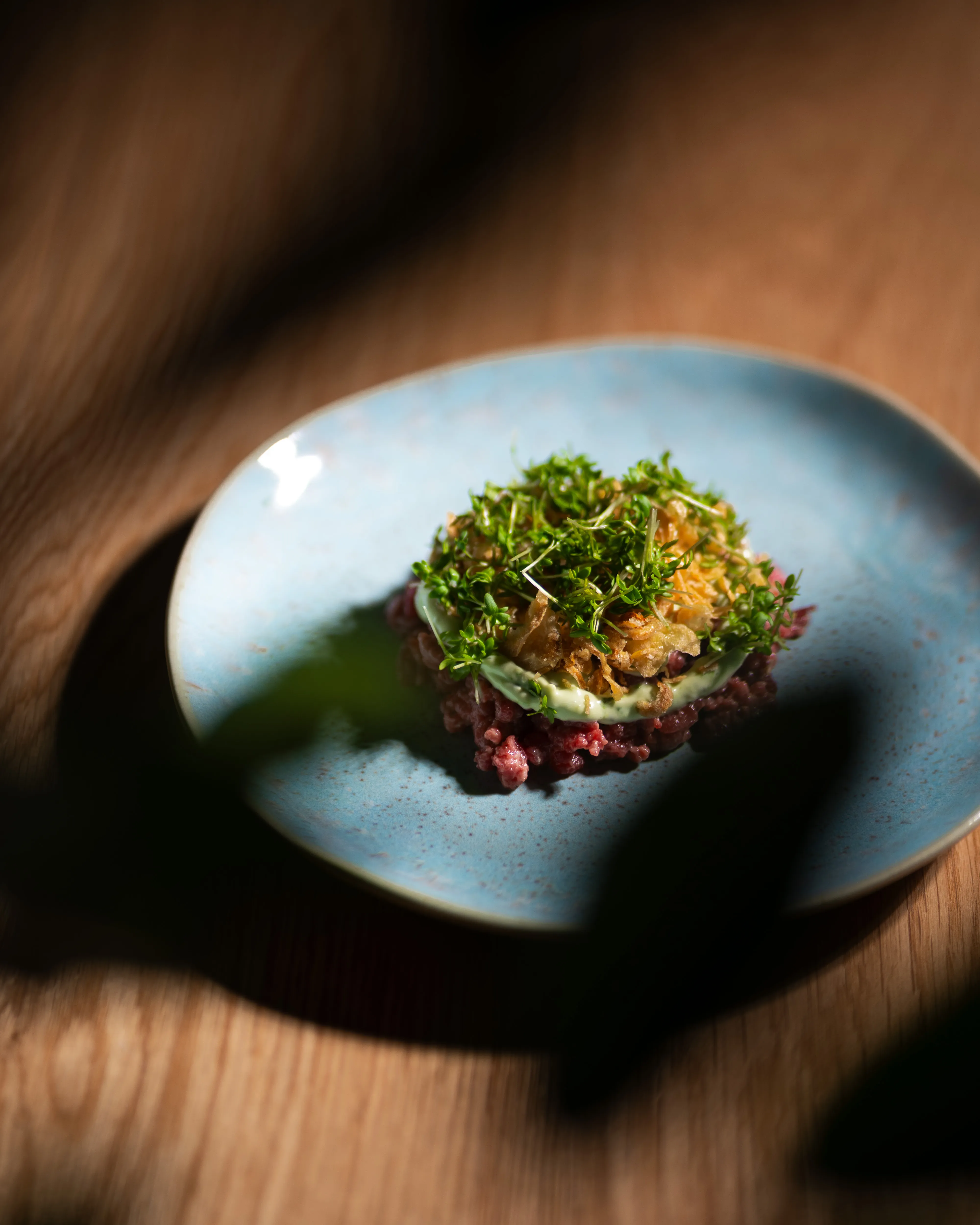 Tartar med friske spirer på en lyseblå tallerken i skrått lys